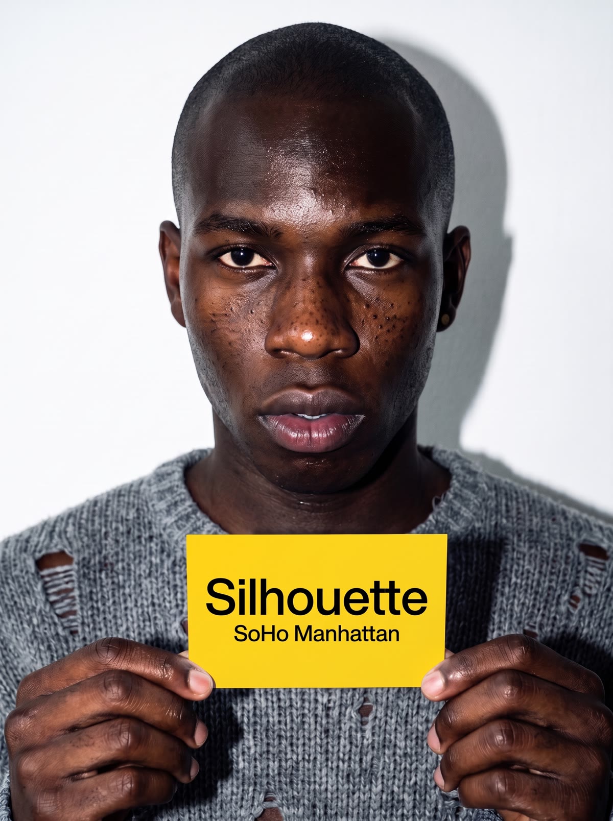 Malick in a casting portrait holding a yellow card reading Silhouette, SoHo Manhattan
