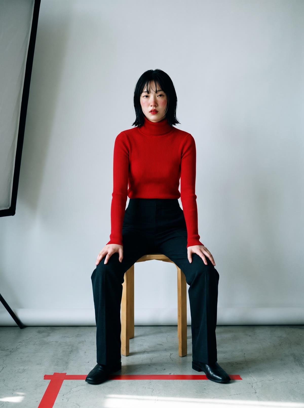 Eva seated on a stool in front of a grey seamless backdrop