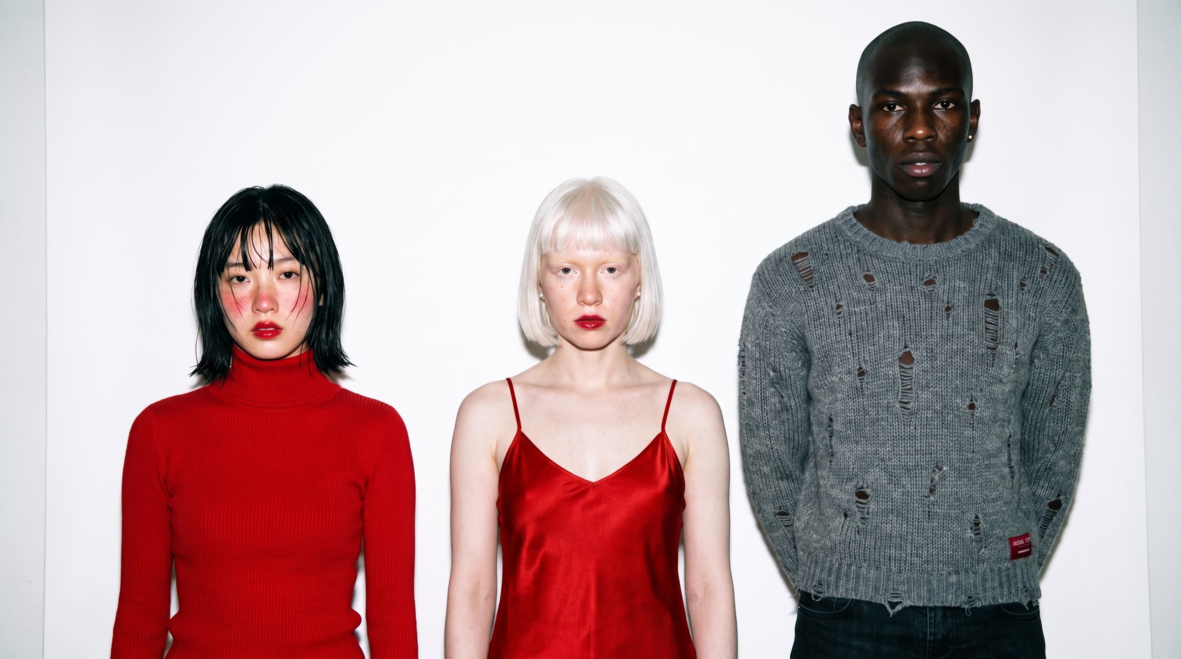 Eva, Liv and Malick standing together on a white studio backdrop
